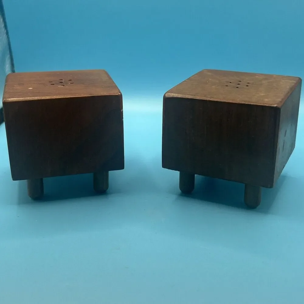 Vintage MCM Wood Salt & Pepper Shaker Set of 2 Square Block w/ Legs 2 3/4